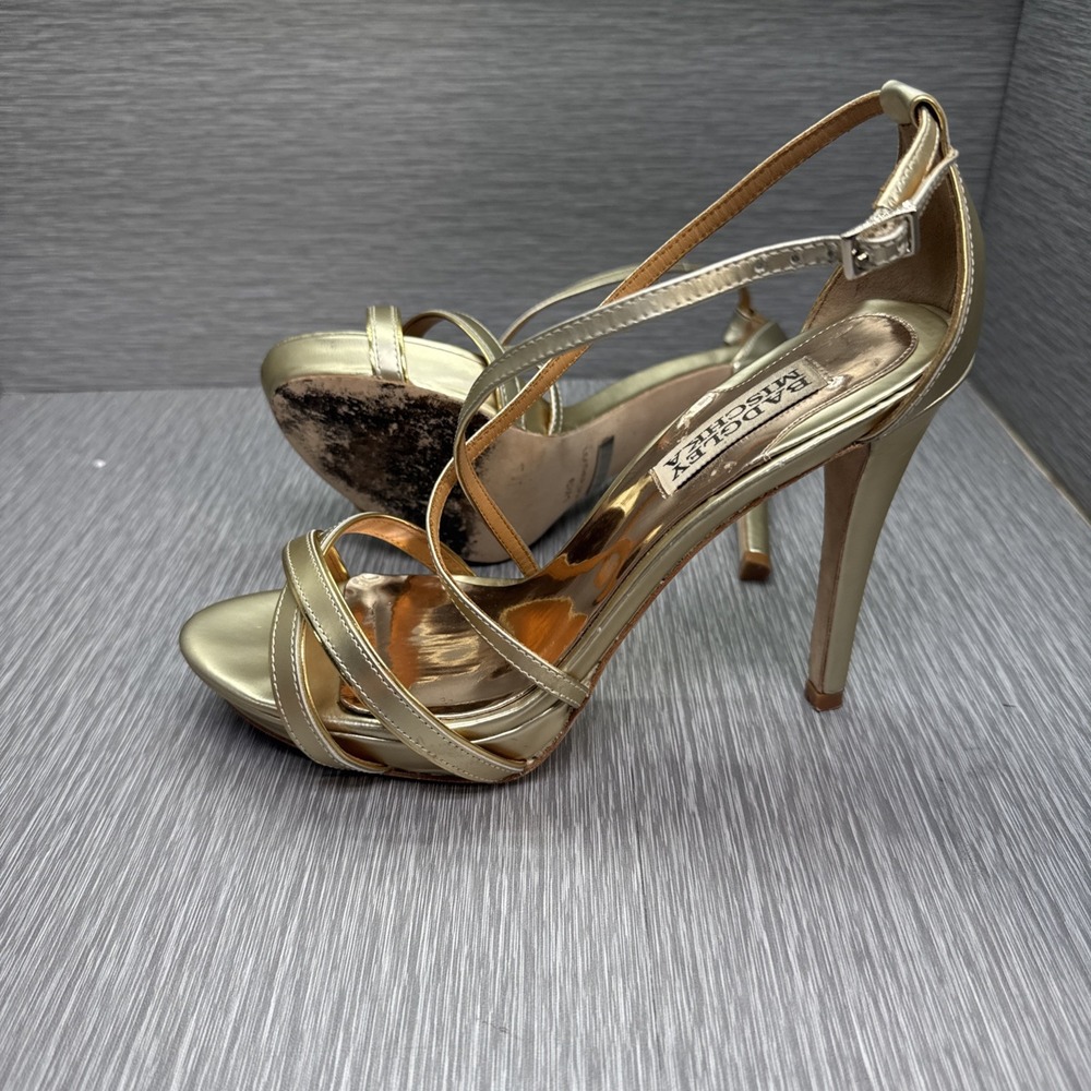Badgley Mischka Gold Strappy Heels 6.5M Platform‎ Ankle Strap Evening Shoes